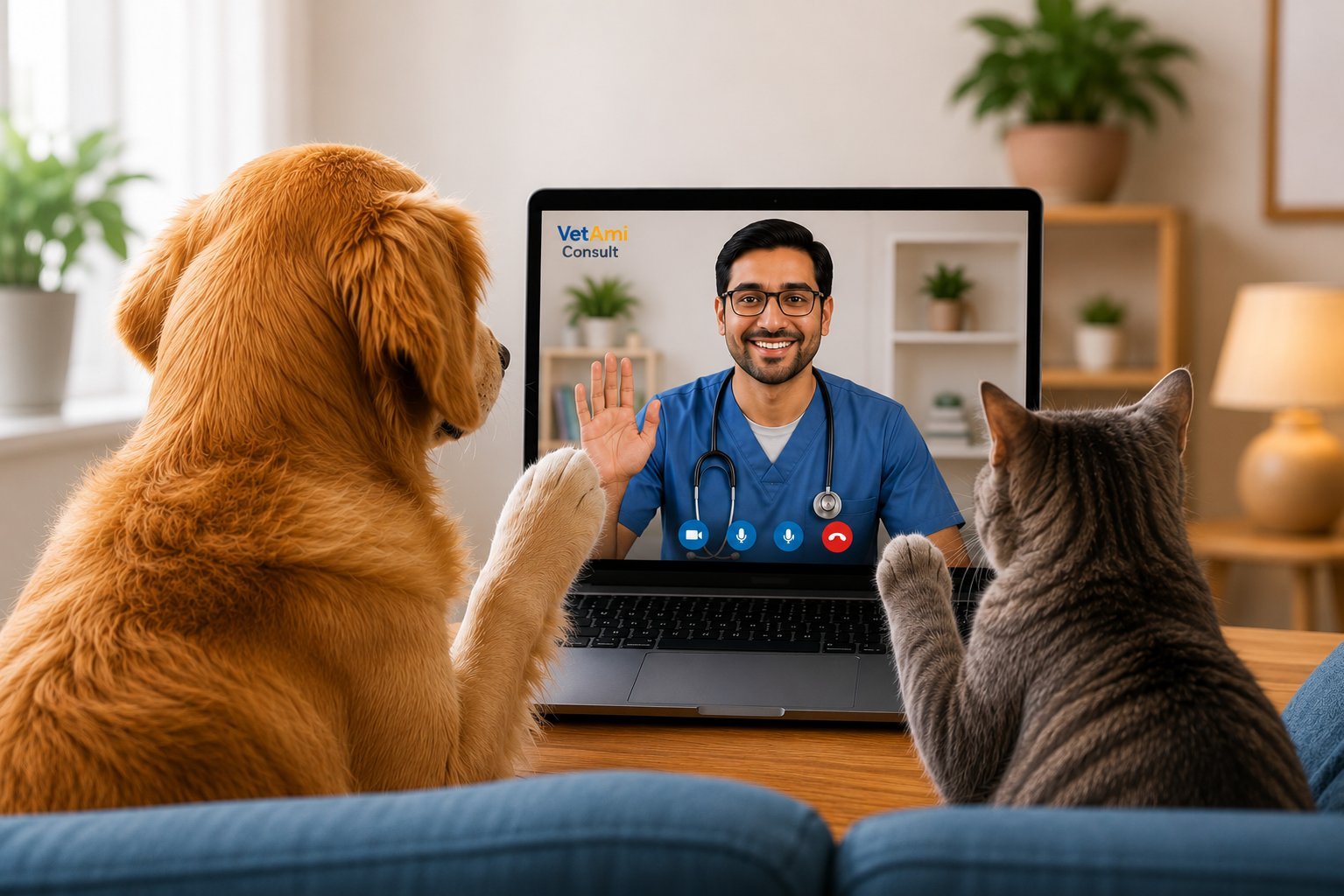 A dog and cat video calling a vet on VetAmi Consult